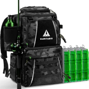 Ghosthorn 43L Fishing Backpack with 4×3600 Tackle Boxes, Rod Holder & Detachable Waist Bag, Waterproof
