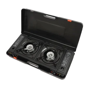 Outdoor Portable Camping Stove 5000W, Dual Burner Gas BBQ Cooker with Piezoelectric Ignition & Large Baking Pan.